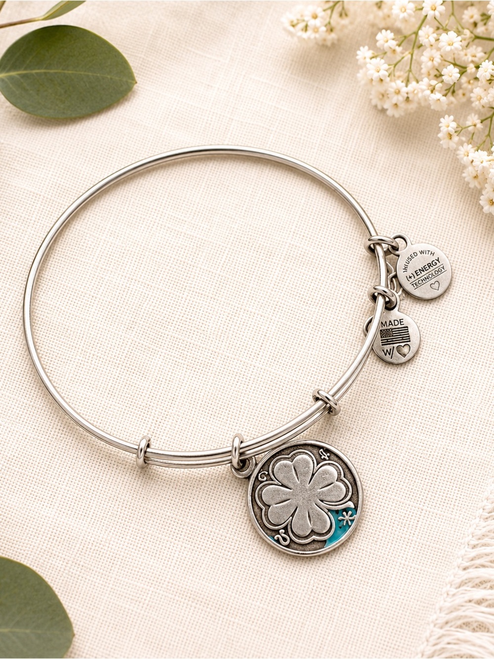 Alex and Ani Silver Tone Four-Leaf Clover Charm Bangle with Teal Accent
